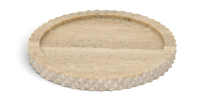 Beige genuine marble tray with textured carved edge, round oval shape.