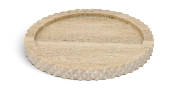 Beige genuine marble tray with textured carved edge, round oval shape.