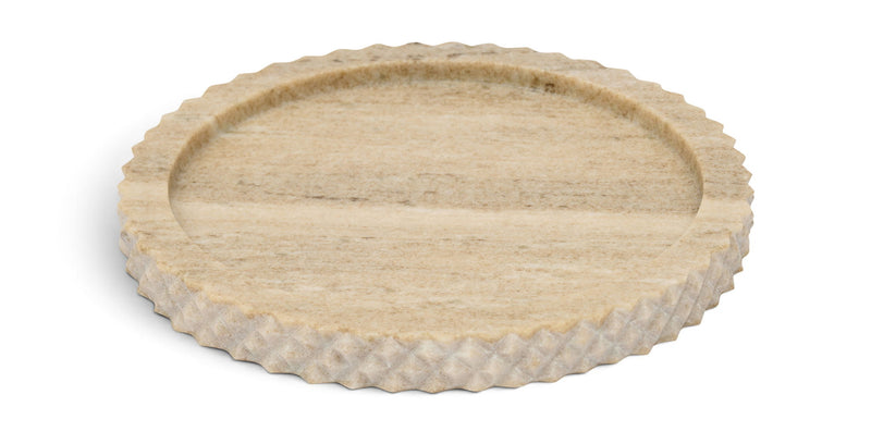 Beige genuine marble tray with textured carved edge, round oval shape.
