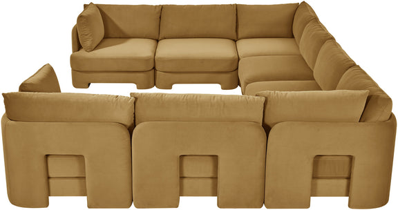 Light brown velvet U-shaped sectional sofa with padded arms and deep seat cushions