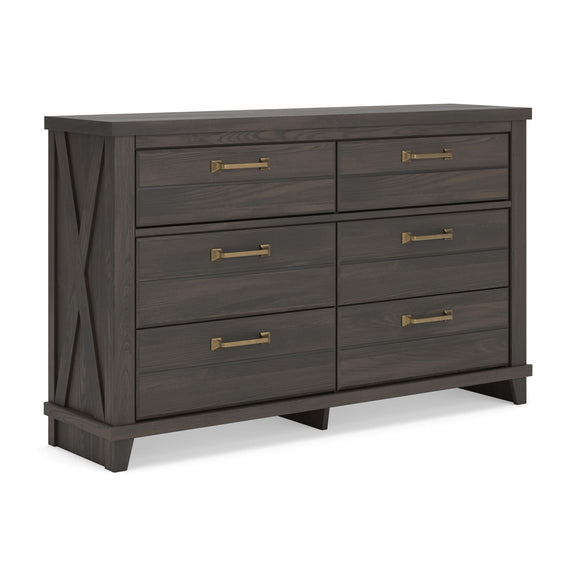 Dark brown six-drawer dresser with brass-tone pulls and X-braced sides