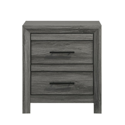 Dark gray 2-drawer nightstand with two drawers and black bar pulls