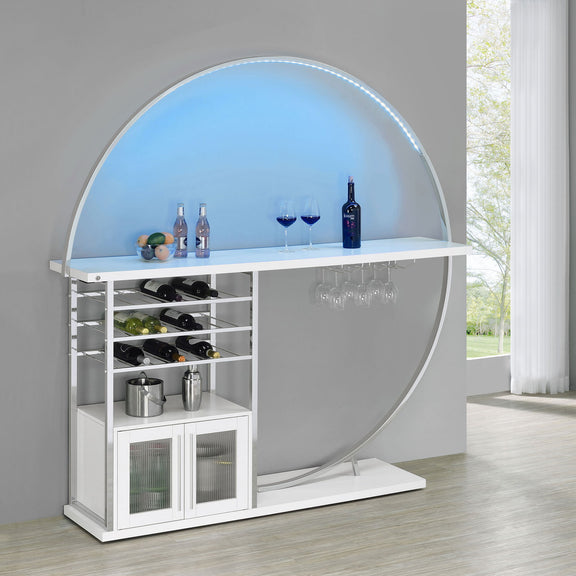 White 2-door home bar cabinet with blue LED arched ring, glass doors, wine and storage racks