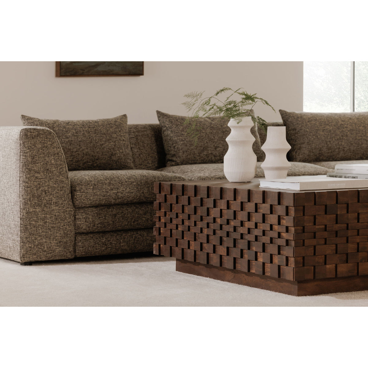 Brown storage coffee table front panel with square wood blocks and tabletop