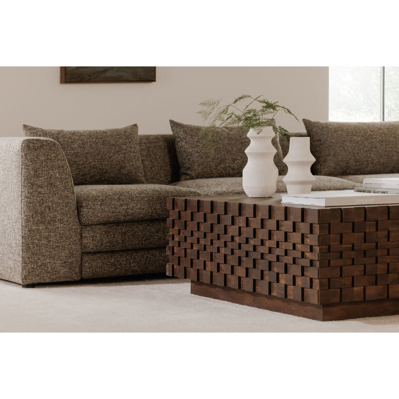 Brown storage coffee table front panel with square wood blocks and tabletop
