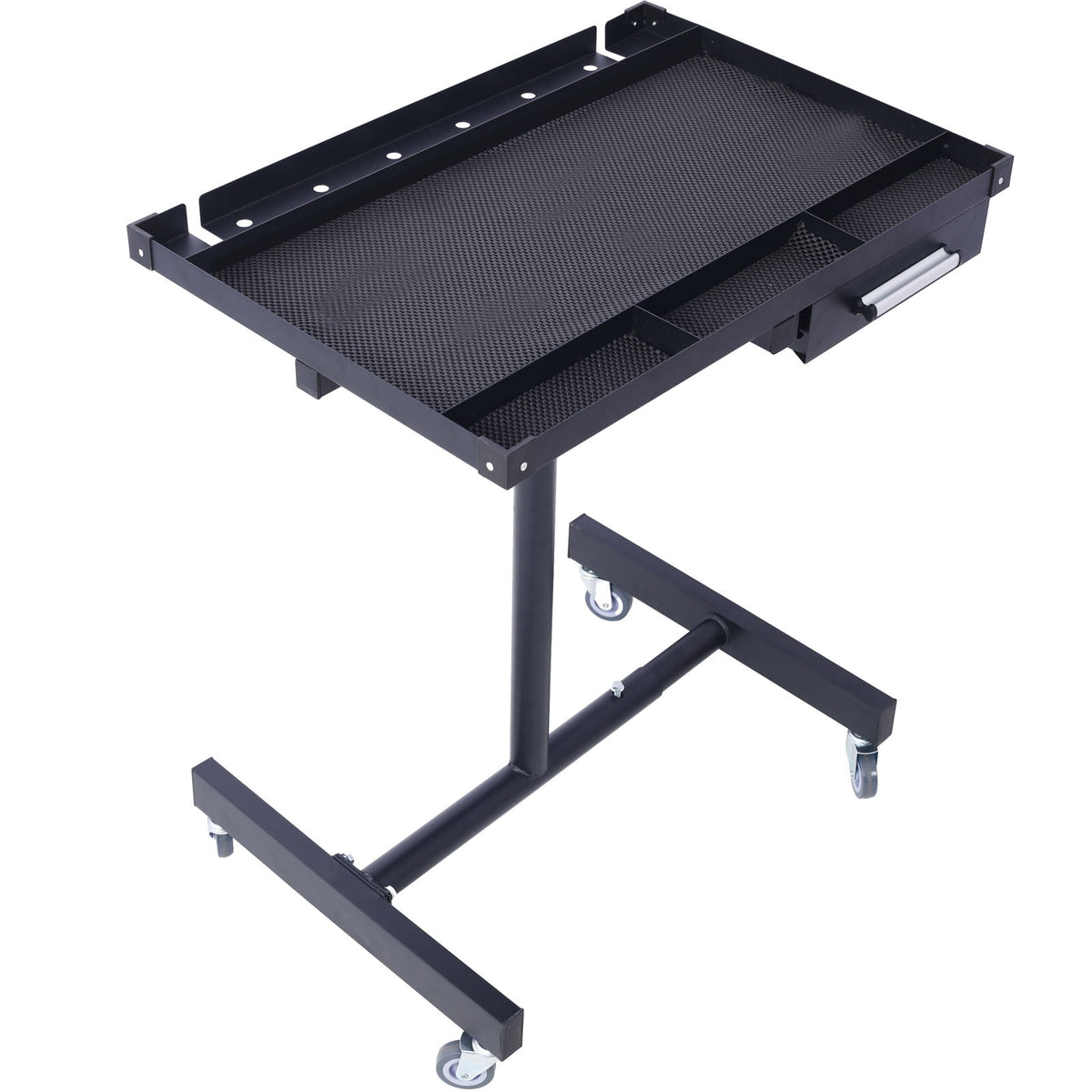 Black adjustable tear-down work table with mesh top, drawer, and swivel casters