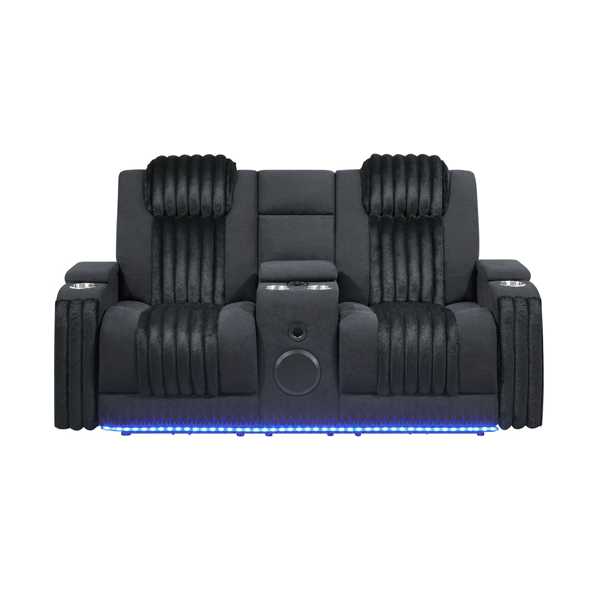 Power reclining sofa with power headrests, dark gray upholstery and blue LED base strip