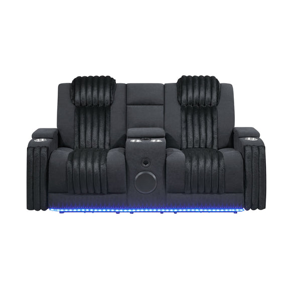 Power reclining sofa with power headrests, dark gray upholstery and blue LED base strip