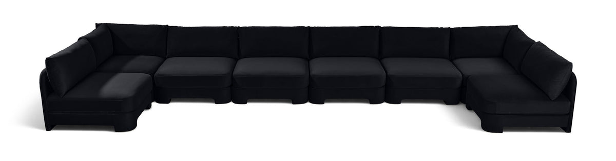Black armless U-shaped sectional sofa with chaise modules and box cushions