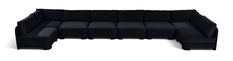 Black armless U-shaped sectional sofa with chaise modules and box cushions