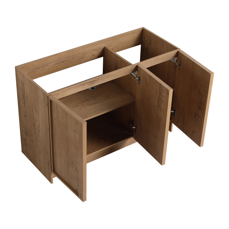 Freestanding bathroom vanity cabinet with two doors open, hinged hardware visible
