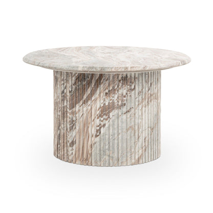Marble round table with light veined top and tall cylindrical base, front view