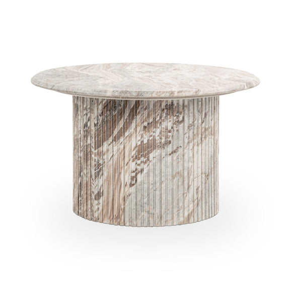 Marble round table with light veined top and tall cylindrical base, front view