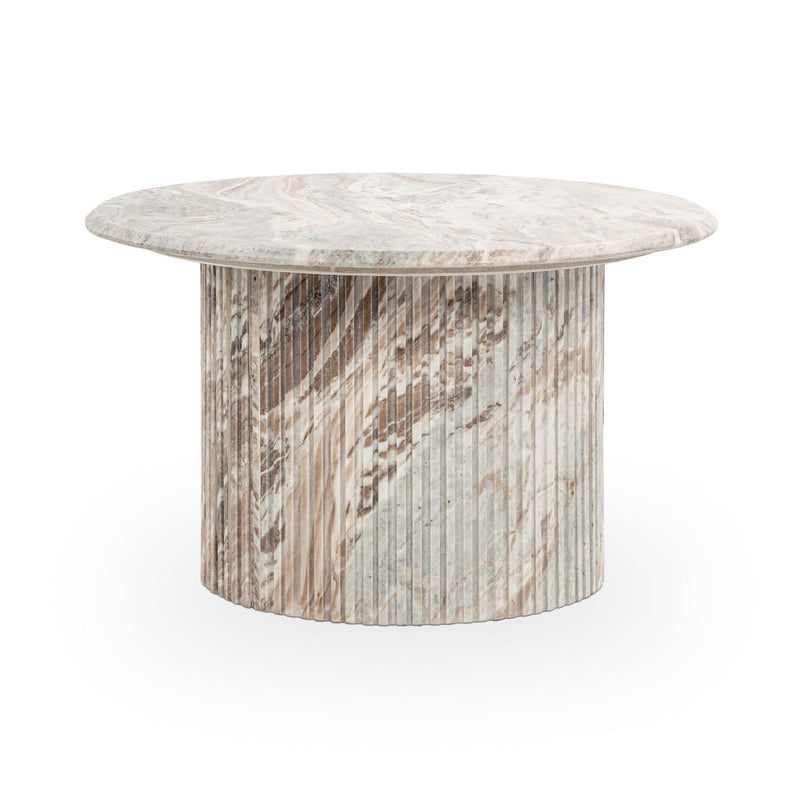 Marble round table with light veined top and tall cylindrical base, front view