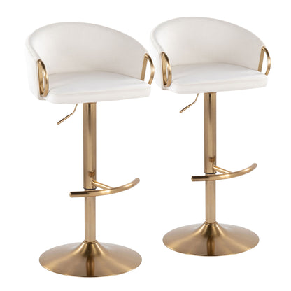 Beige adjustable bar stool set of 2 with curved seats and gold footrest base