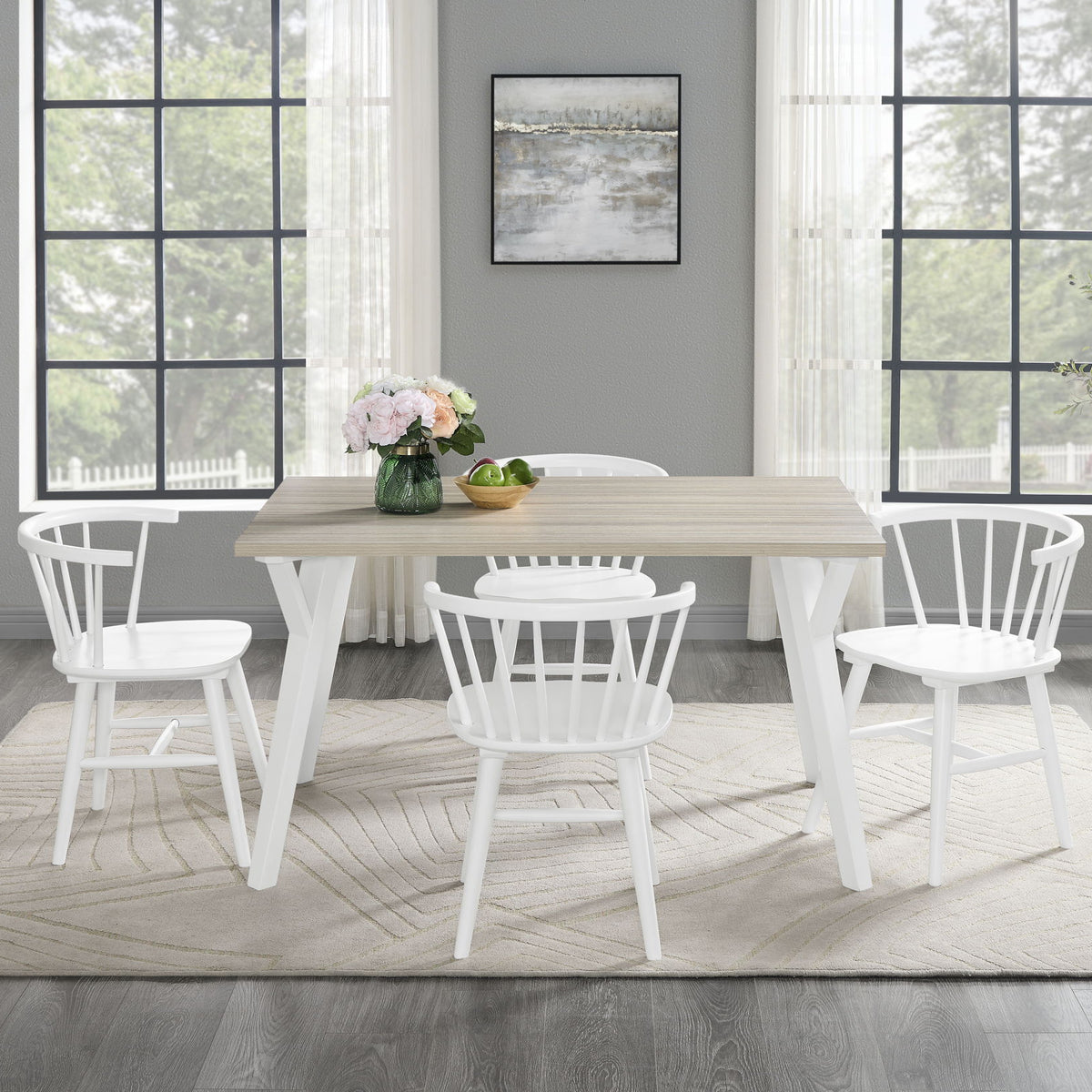 Roundhill - 5 Piece Dining Set, Dining Table With 4 Windsor Chairs - Brown / Antique White