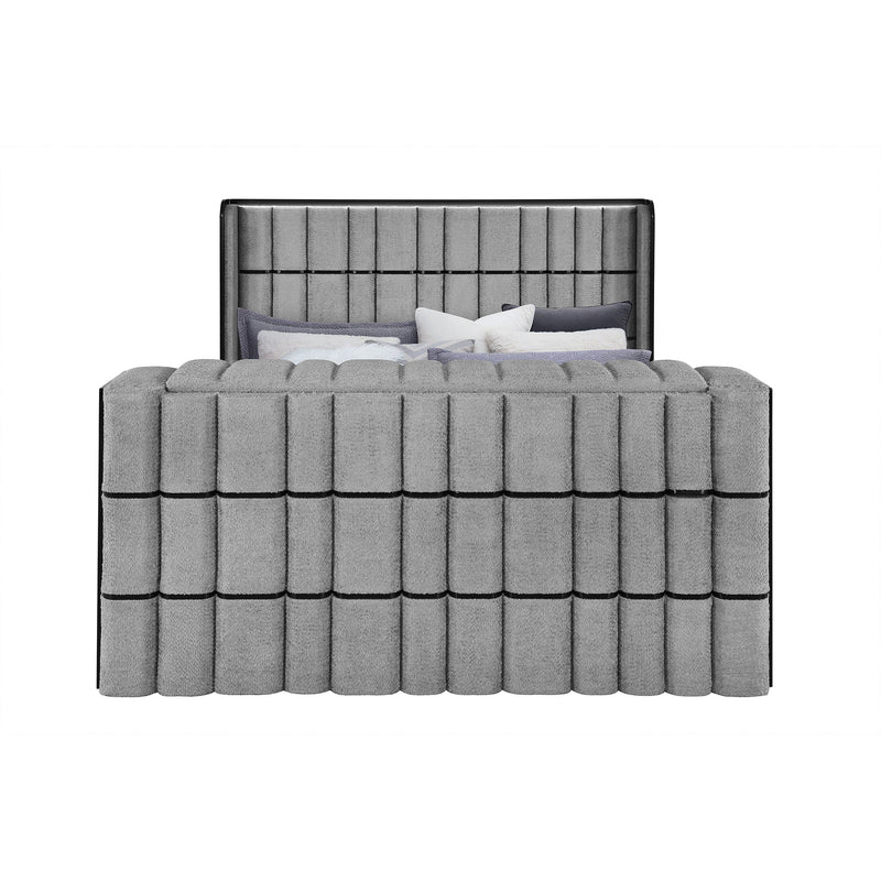Dark gray upholstered platform bed with tall headboard and vertical paneling