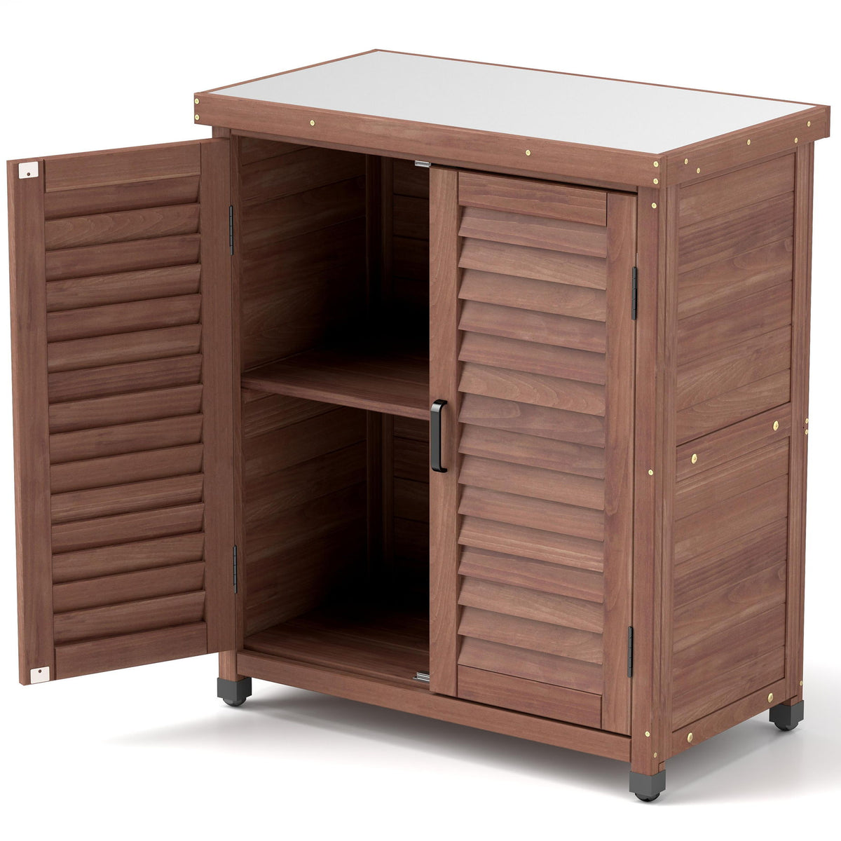 Potting Bench With Storage Cabinet And Metal Table Top For Outdoor