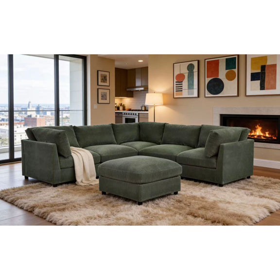 Dark green sectional sofa with two ottomans, plush cushions, and track-style arms
