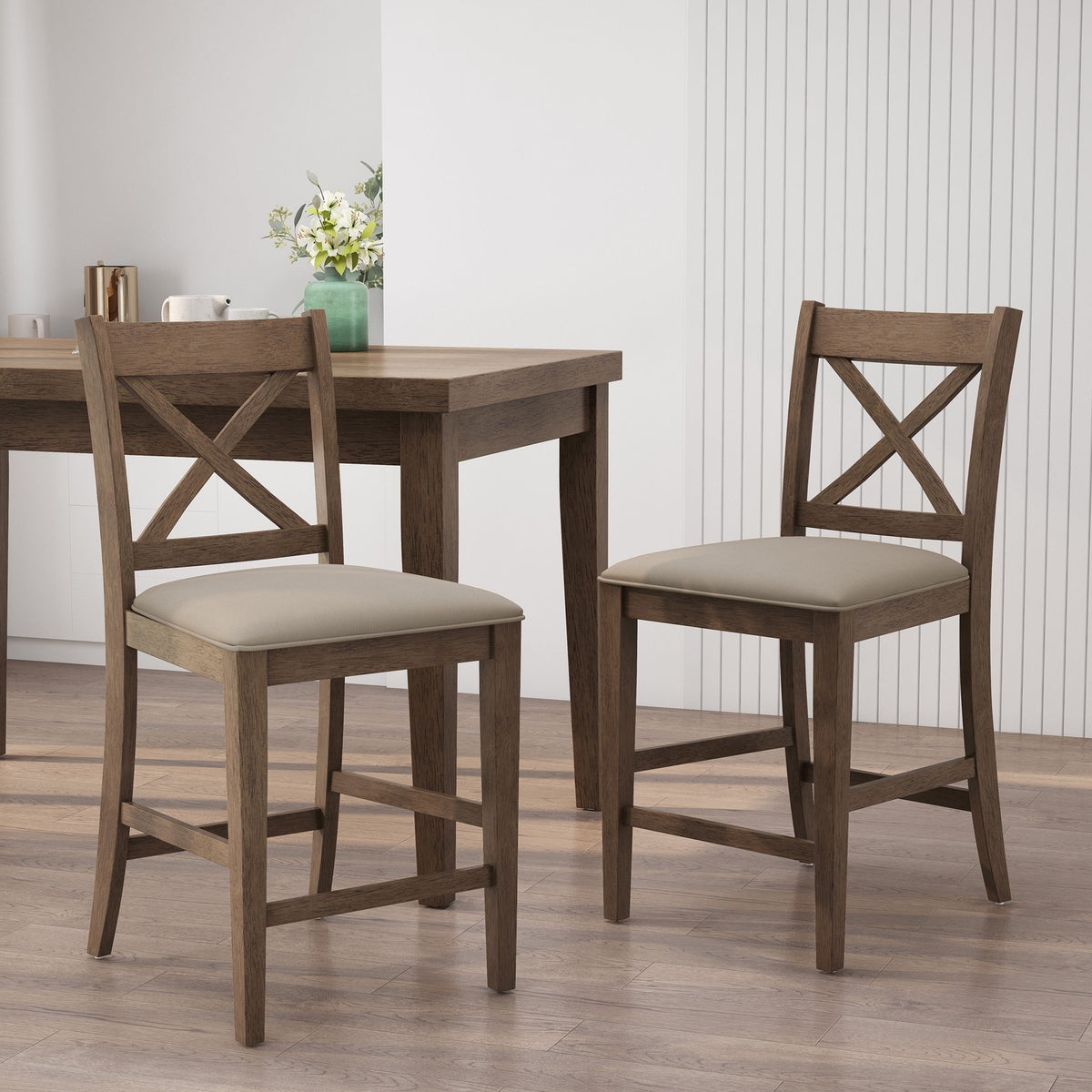 Farmhouse Style Counter Height Chair With Upholstered Seat