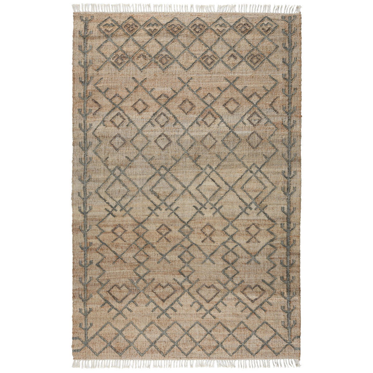 Sage linework geometric rug on beige ground, natural fiber with fringed edges.