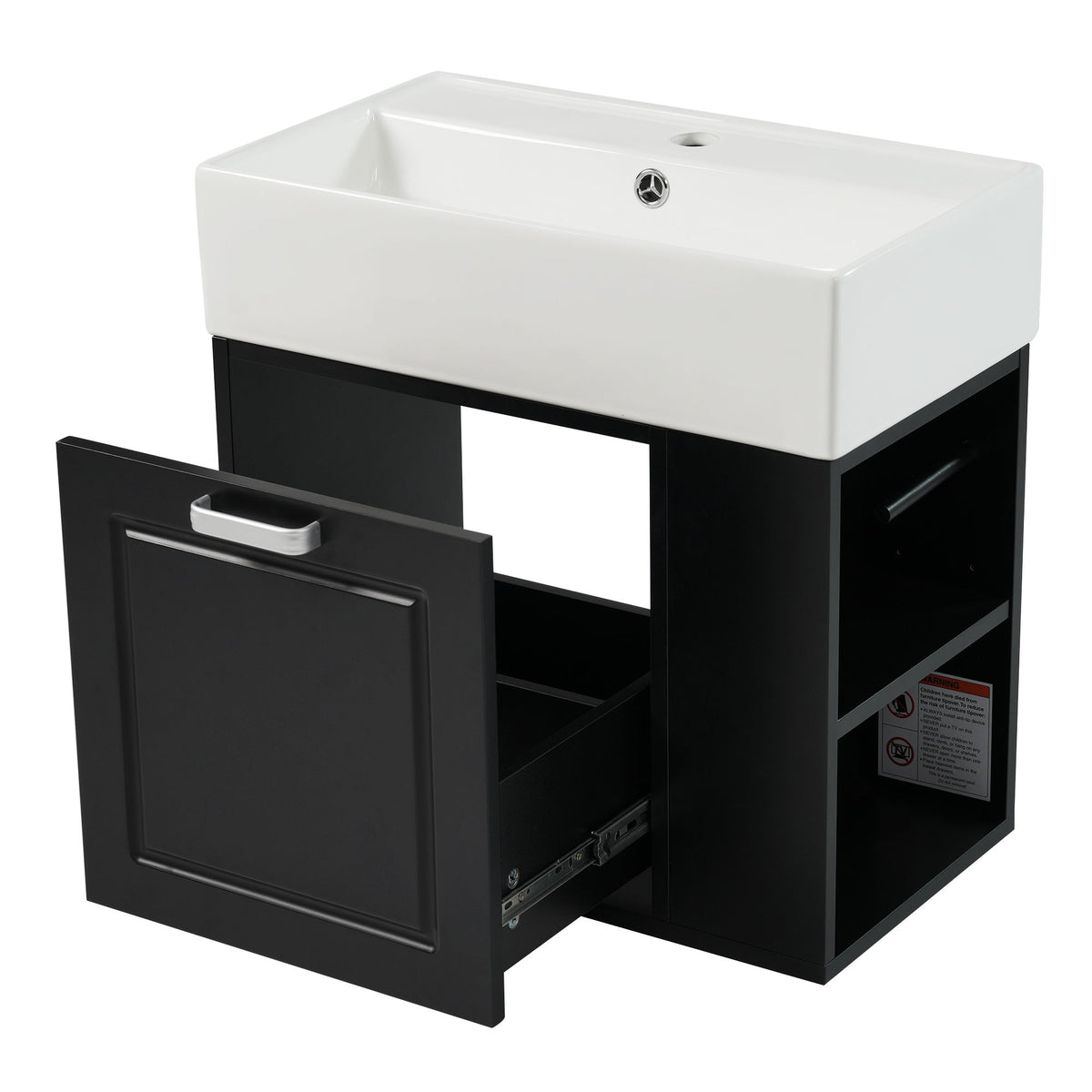 Wall-mounted vanity with white sink, black cabinet, open soft-close drawer and side shelves