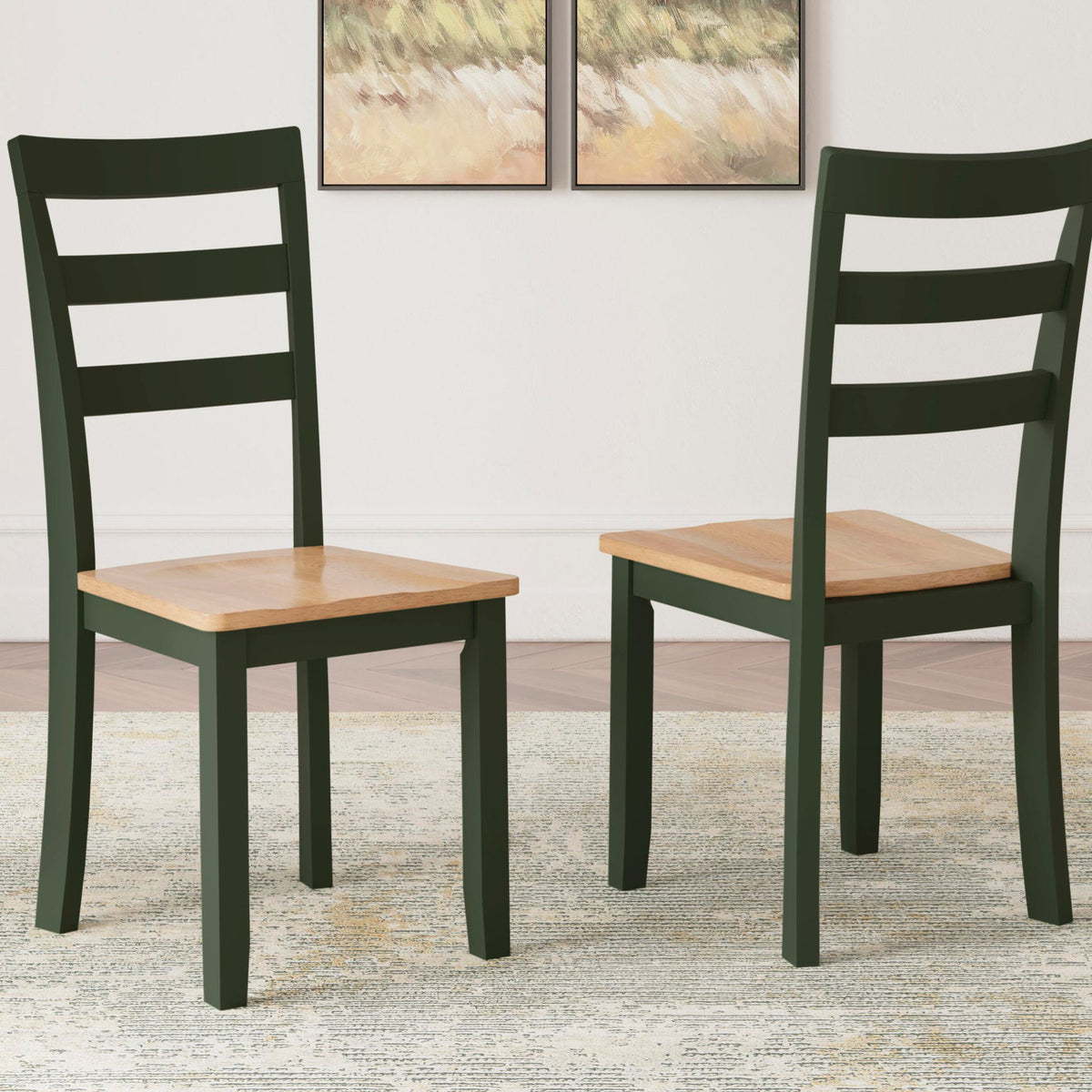 Set of 2 dining side chairs, dark green frames, slatted backs and light wood seats