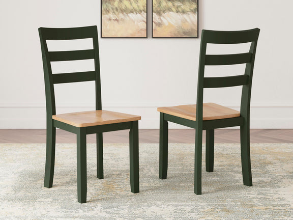 Set of 2 dining side chairs, dark green frames, slatted backs and light wood seats