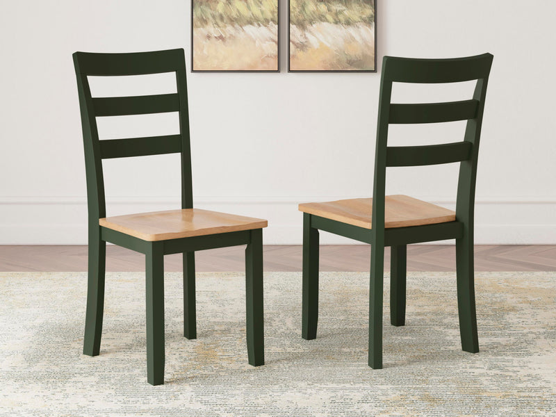 Set of 2 dining side chairs, dark green frames, slatted backs and light wood seats