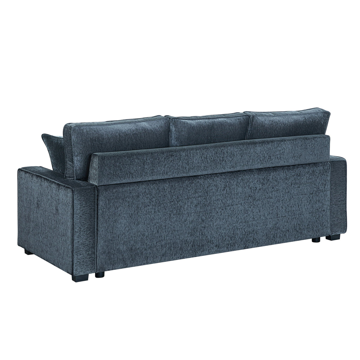 Blue upholstered 3-seat sofa with squared arms and tufted back; LED base light