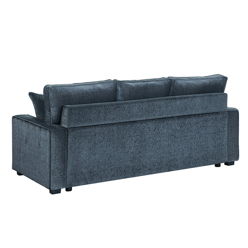 Blue upholstered 3-seat sofa with squared arms and tufted back; LED base light