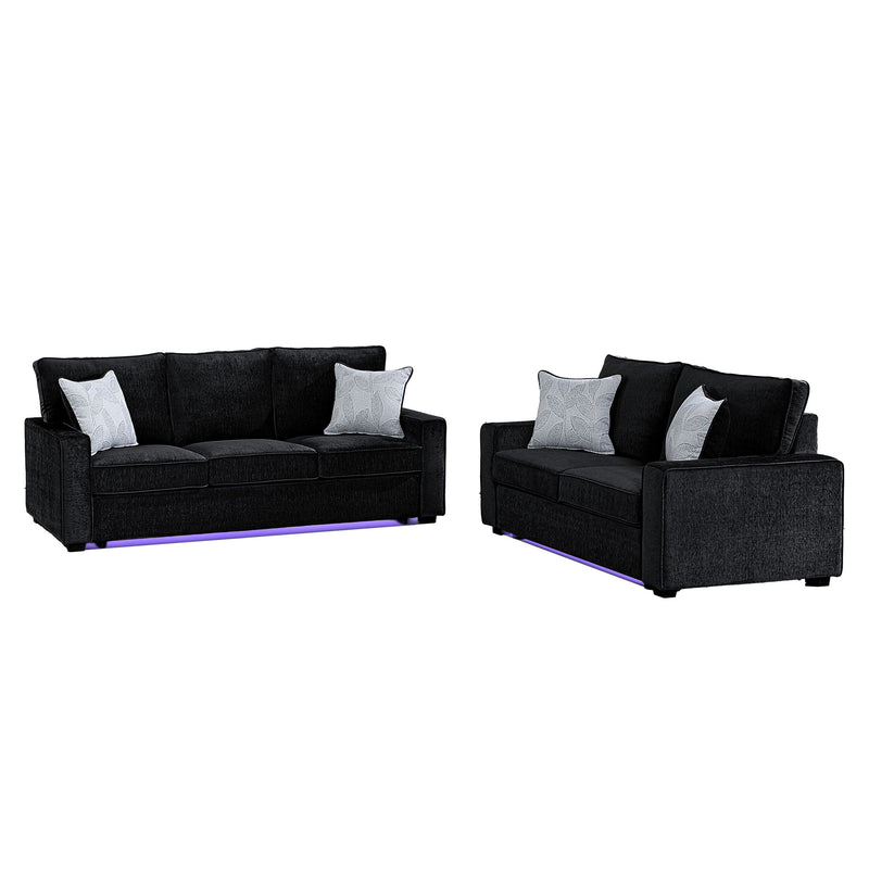 Rita LED living room sofa and loveseat set, dark fabric with four accent pillows