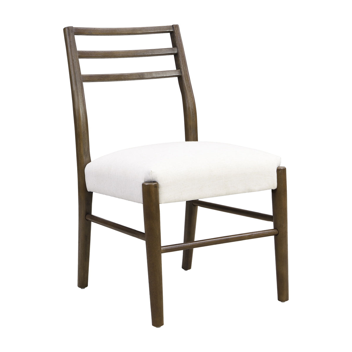 Ladder-back dining chair with beige seat cushion and dark brown wooden frame