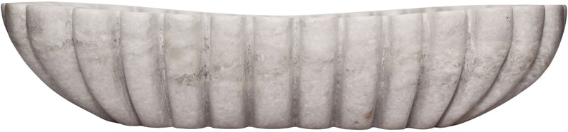 Shallow decorative bowl with vertical ridges along the side, light gray finish.