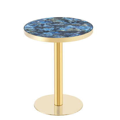 Round bistro table with blue marble-look top and gold pedestal base