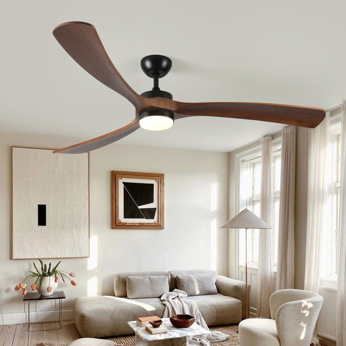 Ceiling fan with three wooden blades and round light fixture
