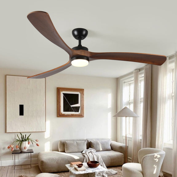 Ceiling fan with three wooden blades and round light fixture
