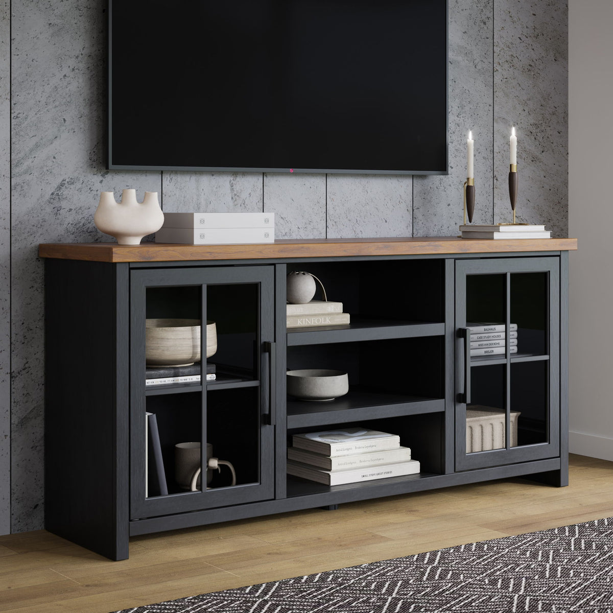 Essex - TV Stand Console For TVs Up To 80" - Black, Whiskey