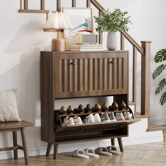Walnut hallway shoe cabinet with open top shelf and slatted two-door cabinet.