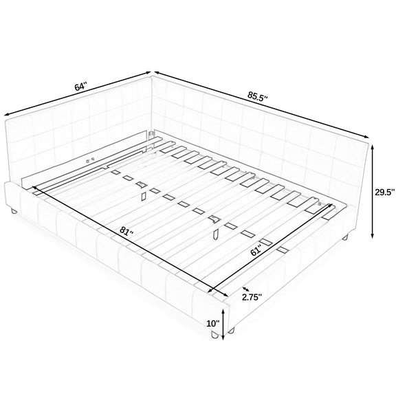 Beige tufted upholstered bed frame with backrest, armrests, and slatted support layout
