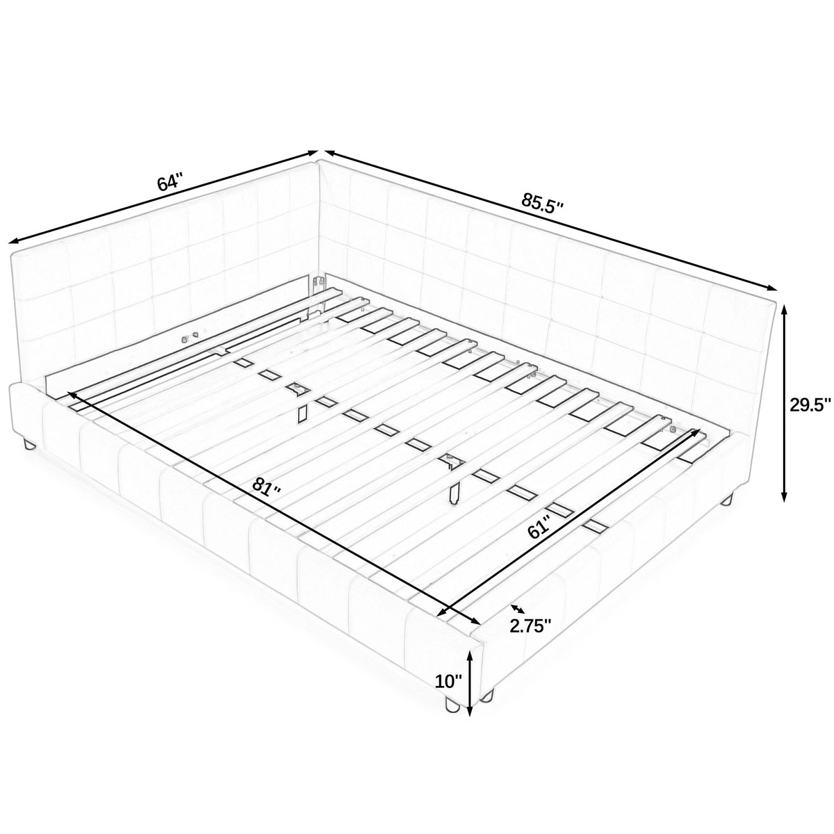 Blue upholstered bed frame dimension diagram with slatted platform and measurement marks