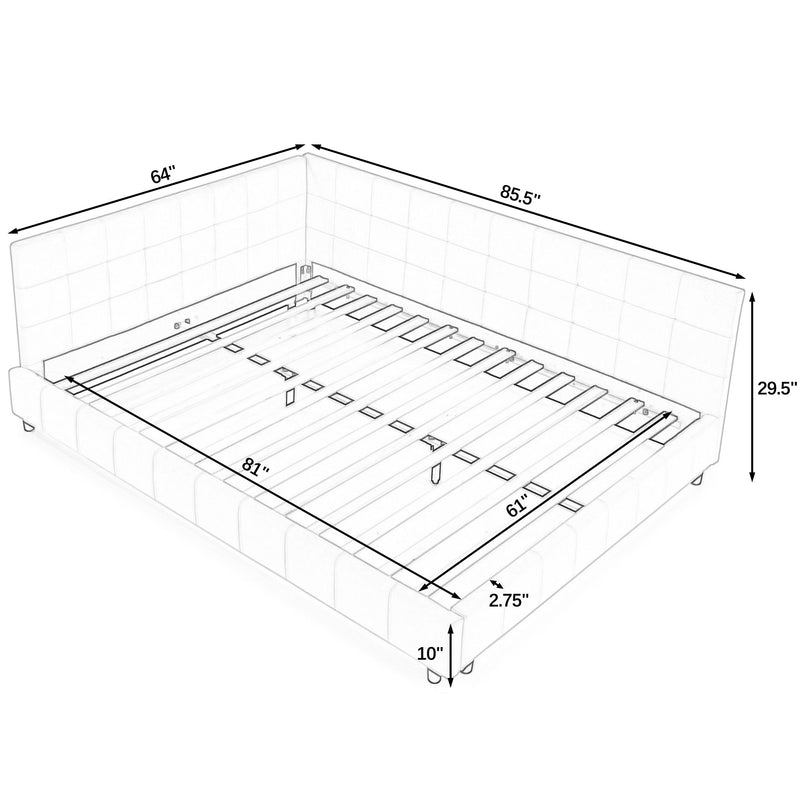 Tufted upholstered bed frame with backrest and armrests, 2-drawer storage; size diagram