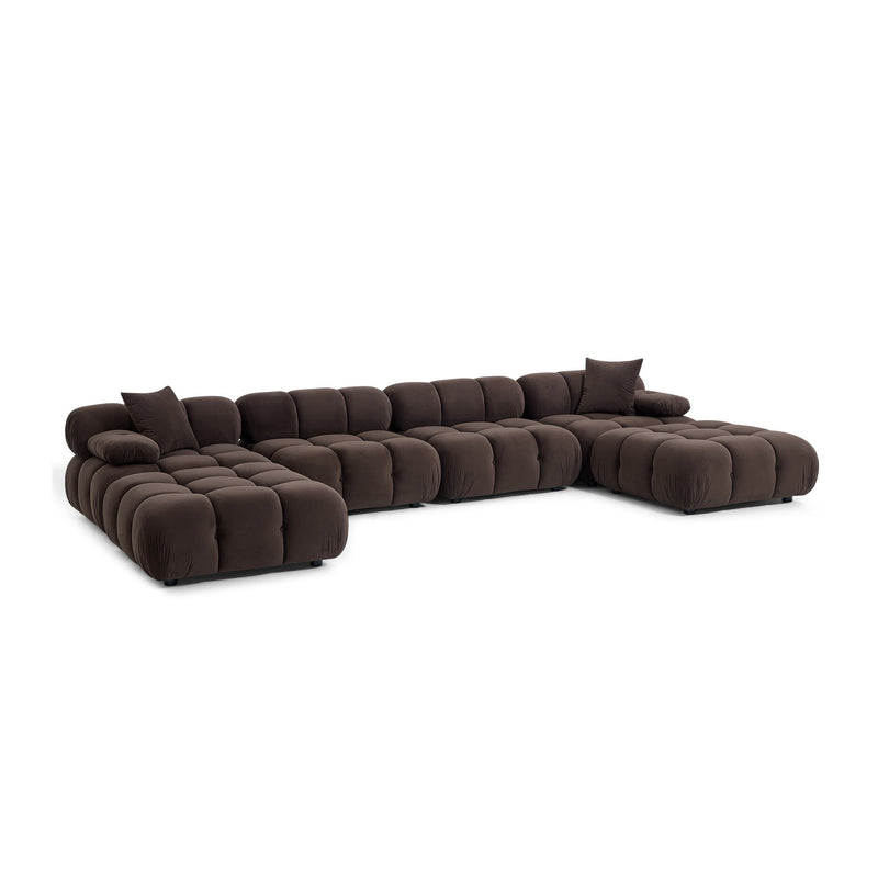 Dark brown modular sectional sofa with boxed cushions and two accent pillows