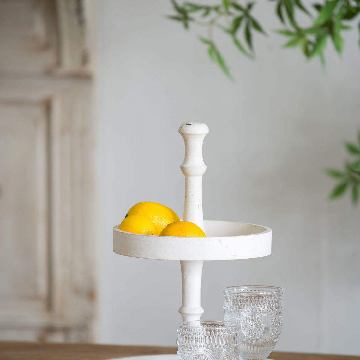 Two Tiered Round Wooden Tray - White