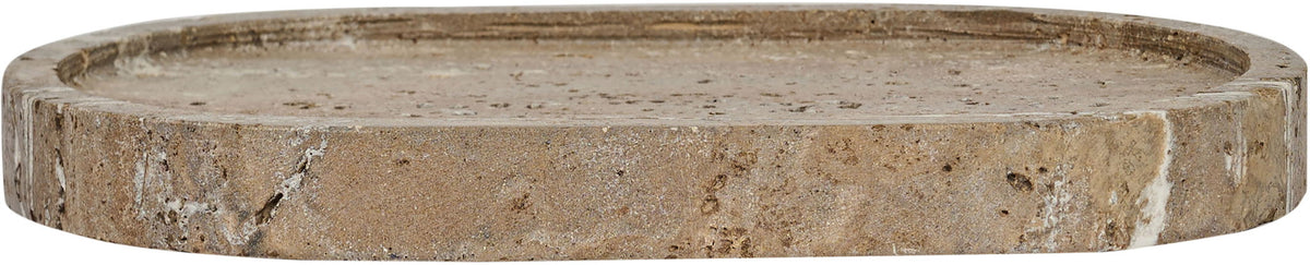 Gray round travertine tray with thick rim and speckled sides