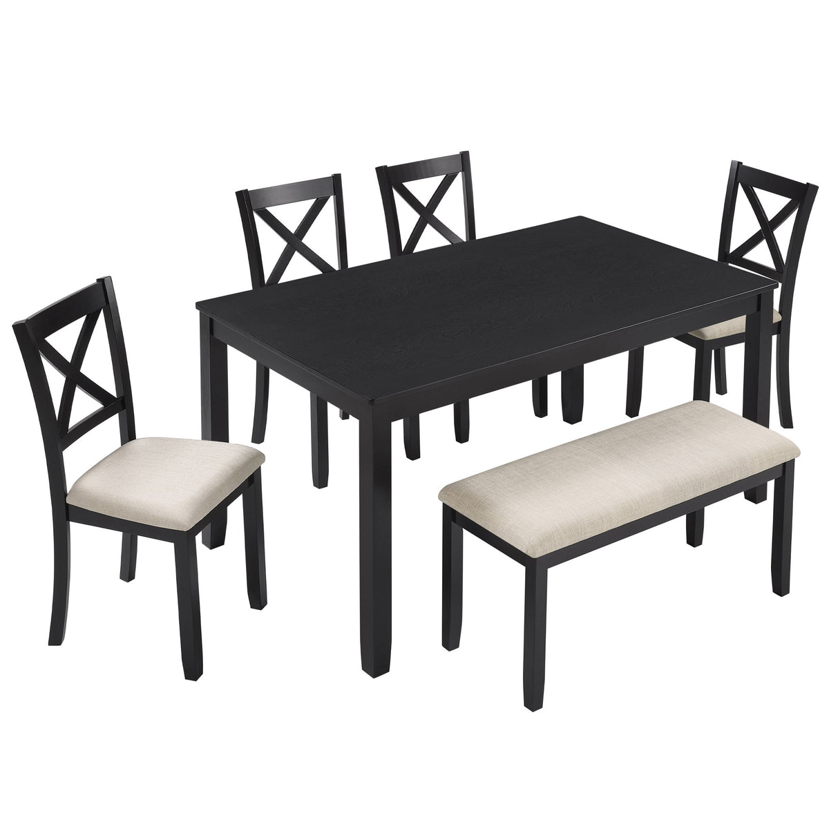 Rectangular dining table with chairs and bench, dark finish and light upholstered seats