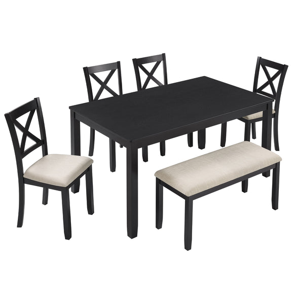 Rectangular dining table with chairs and bench, dark finish and light upholstered seats