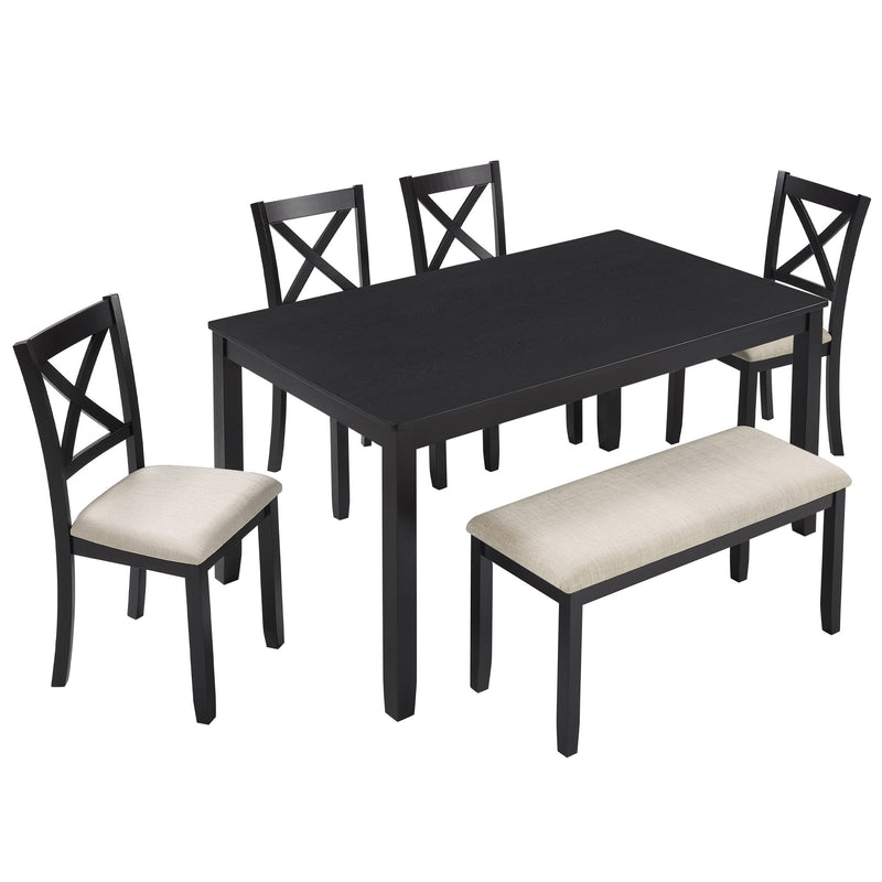 Rectangular dining table with chairs and bench, dark finish and light upholstered seats