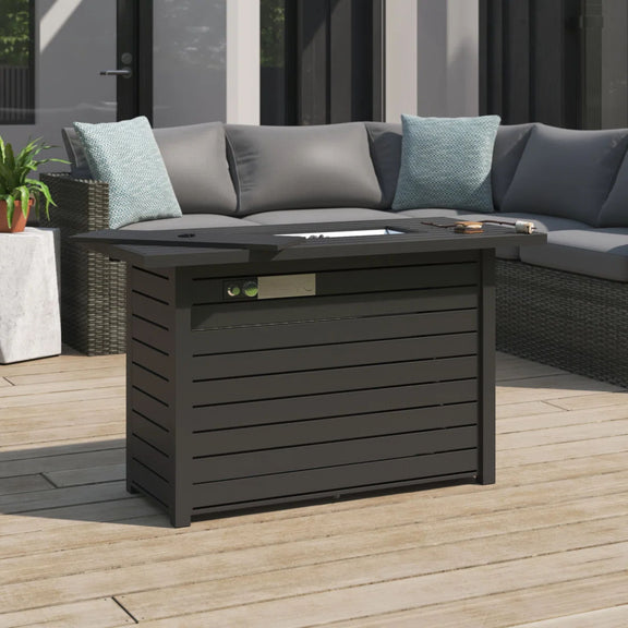 Black outdoor fire pit table with control dial and square louvered panels