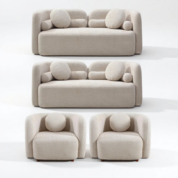 Beige upholstered sofa, loveseat, and two armchairs with round accent cushions